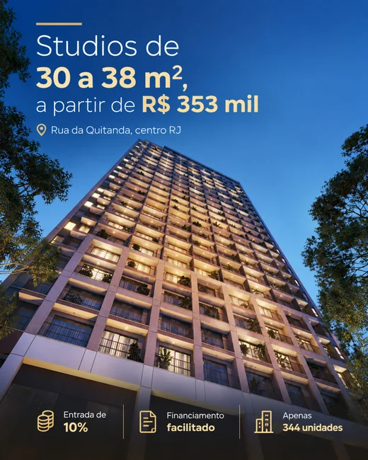 Criativo de studios com destaque para a fachada do empreendimento