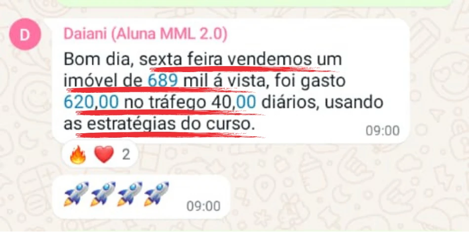 Daiani relata um imóvel de 689 mil vendido à vista usando as estratégias do curso.
