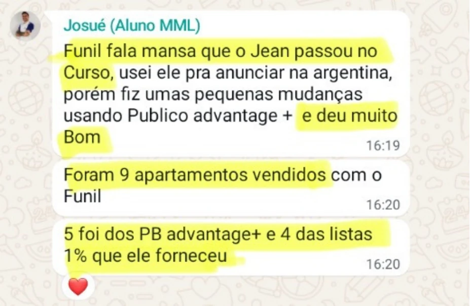 Josué relata nove apartamentos vendidos com o funil ensinado por Jean.